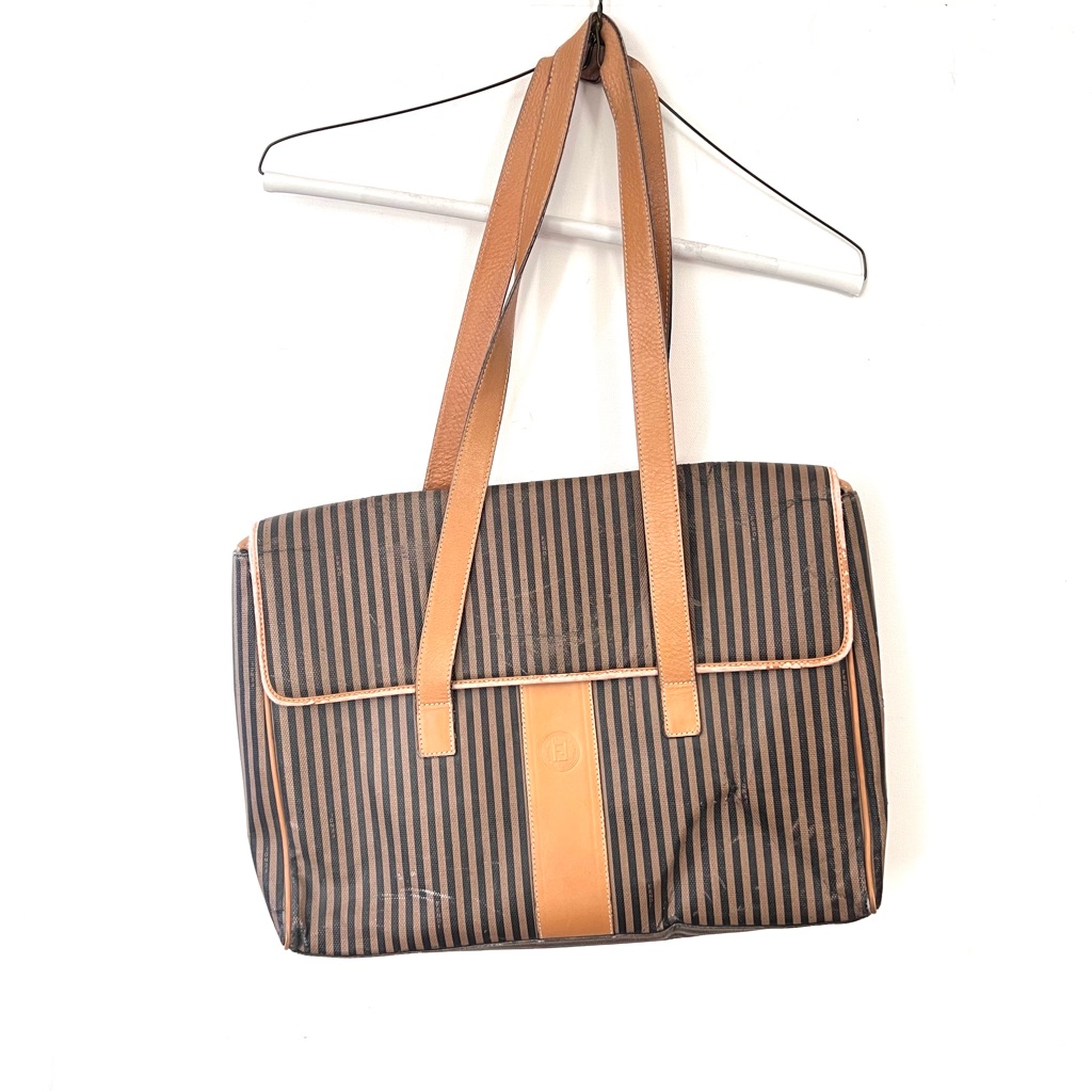 Vintage Fendi Large Brief Shoulder Bag Striped Logo Serial Number